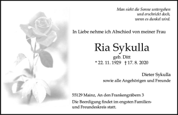 Traueranzeige von Ria Sykulla von vrm-trauer