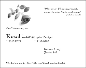 Traueranzeige von Rosel Lang von vrm-trauer
