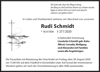 Traueranzeige von Rudi Schmidt von vrm-trauer