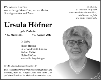 Traueranzeige von Ursula Höfner von vrm-trauer