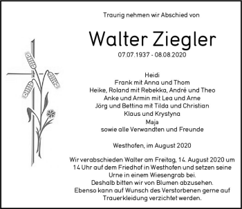 Traueranzeige von Walter Ziegler von vrm-trauer