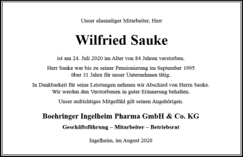 Traueranzeige von Wilfried Sauke von vrm-trauer