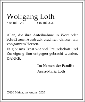 Traueranzeige von Wolfgang Loth von vrm-trauer