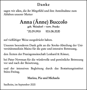 Traueranzeige von Anna Buccolo von vrm-trauer