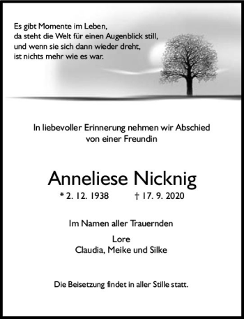Traueranzeige von Anneliese Nicknig von vrm-trauer