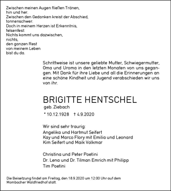 Traueranzeige von Brigitte Hentschel von vrm-trauer