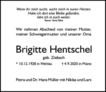 Traueranzeige von Brigitte Hentschel von vrm-trauer