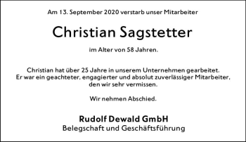Traueranzeige von Christian Sagstetter von vrm-trauer