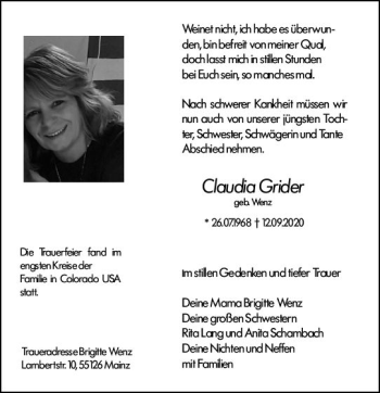 Traueranzeige von Claudia Grider von vrm-trauer