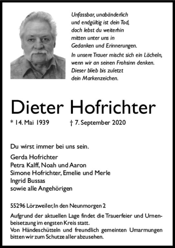 Traueranzeige von Dieter Hofrichter von vrm-trauer