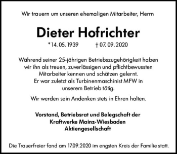 Traueranzeige von Dieter Hofrichter von vrm-trauer