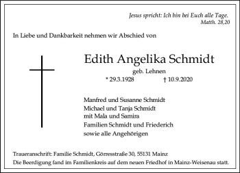 Traueranzeige von Edith Angelika Schmidt von vrm-trauer