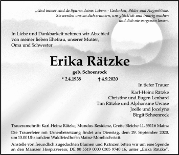 Traueranzeige von Erika Rätzke von vrm-trauer