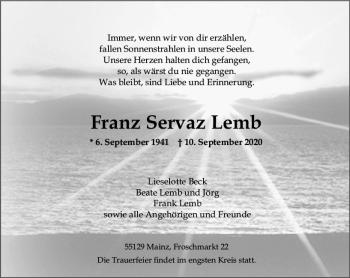 Traueranzeige von Franz Servaz Lemb von vrm-trauer