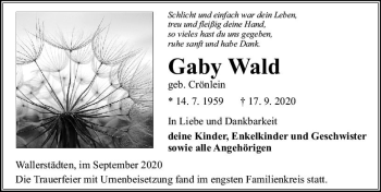 Traueranzeige von Gaby Wald von vrm-trauer