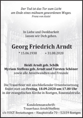 Traueranzeige von Georg Friedrich Arndt von vrm-trauer