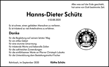 Traueranzeige von Hanns-Dieter Schütz von vrm-trauer
