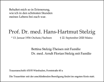 Traueranzeige von Hans-Hartmut Stelzig von vrm-trauer