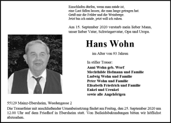 Traueranzeige von Hans Wohn von vrm-trauer