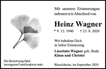 Traueranzeige von Heinz Wagner von vrm-trauer