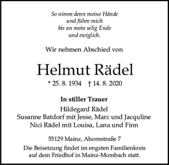 Traueranzeige von Helmut Rädel von vrm-trauer