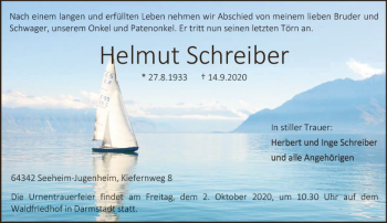 Traueranzeige von Helmut Schreiber von vrm-trauer