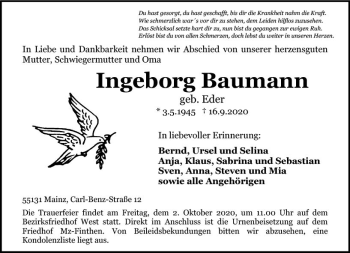 Traueranzeige von Ingeborg Baumann von vrm-trauer