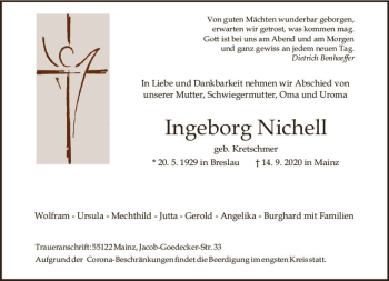 Traueranzeige von Ingeborg Nichell von vrm-trauer