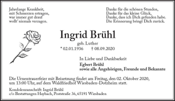 Traueranzeige von Ingrid Brühl von vrm-trauer