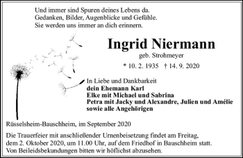 Traueranzeige von Ingrid Niermann von vrm-trauer