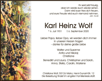 Traueranzeige von Karl Heinz Wolf von vrm-trauer