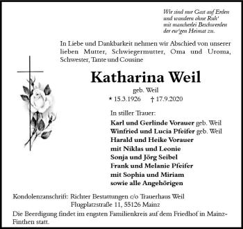 Traueranzeige von Katharina Weil von vrm-trauer