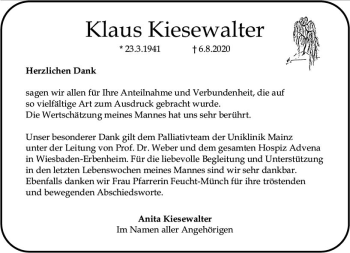 Traueranzeige von Klaus Kiesewalter von vrm-trauer