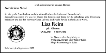 Traueranzeige von Lisa Reim von vrm-trauer