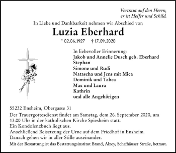 Traueranzeige von Luzia Eberhard von vrm-trauer