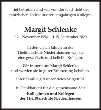 Traueranzeige von Margit Schlenke von vrm-trauer