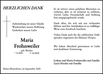Traueranzeige von Maria Frohnweiler von vrm-trauer