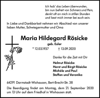 Traueranzeige von Maria Hildegard Rösicke von vrm-trauer
