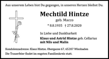 Traueranzeige von Mechtild Hintze von vrm-trauer
