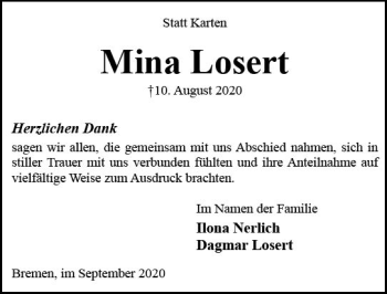 Traueranzeige von Mina Losert von vrm-trauer