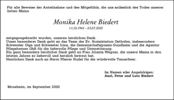 Traueranzeige von Monika Helene Biedert von vrm-trauer