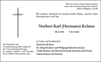 Traueranzeige von Norbert Karl Krämer von vrm-trauer