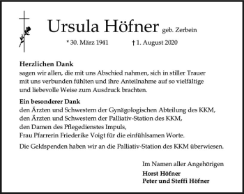 Traueranzeige von Ursula Höfner von vrm-trauer
