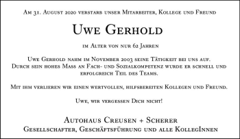 Traueranzeige von Uwe Gerhold von vrm-trauer