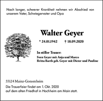 Traueranzeige von Walter Geyer von vrm-trauer