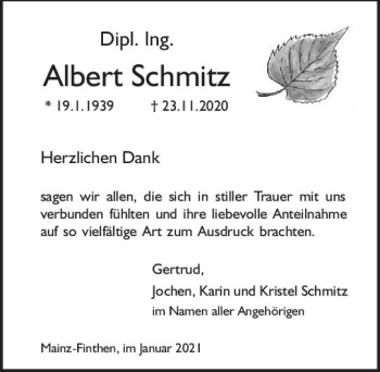 Traueranzeige von Albert Schmitz von vrm-trauer