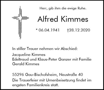 Traueranzeige von Alfred Kimmes von vrm-trauer