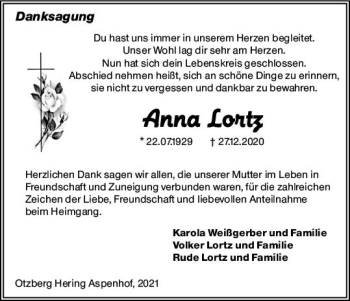 Traueranzeige von Anna Lortz von vrm-trauer