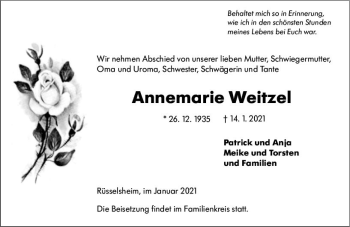 Traueranzeige von Annemarie Weitzel von vrm-trauer