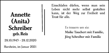 Traueranzeige von Annette Schreiber von vrm-trauer